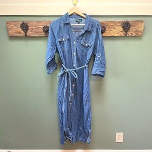 Meadow Rhodes Women 2X Blue Denim Shirt Dress Long Sleeve Midi Belted Cotton